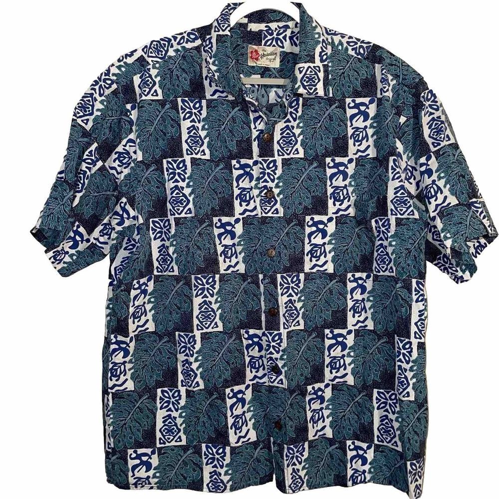 Hilo Hattie Hawaiian Camp Shirt XL Button Up Coconut‎ Buttons Sea Turtles Blue